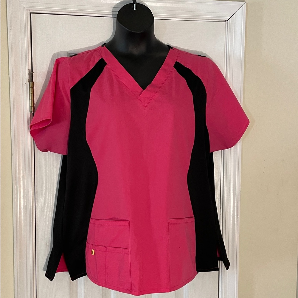 Women's Pink/Black V-Neck Scrubs Top 1X/2X